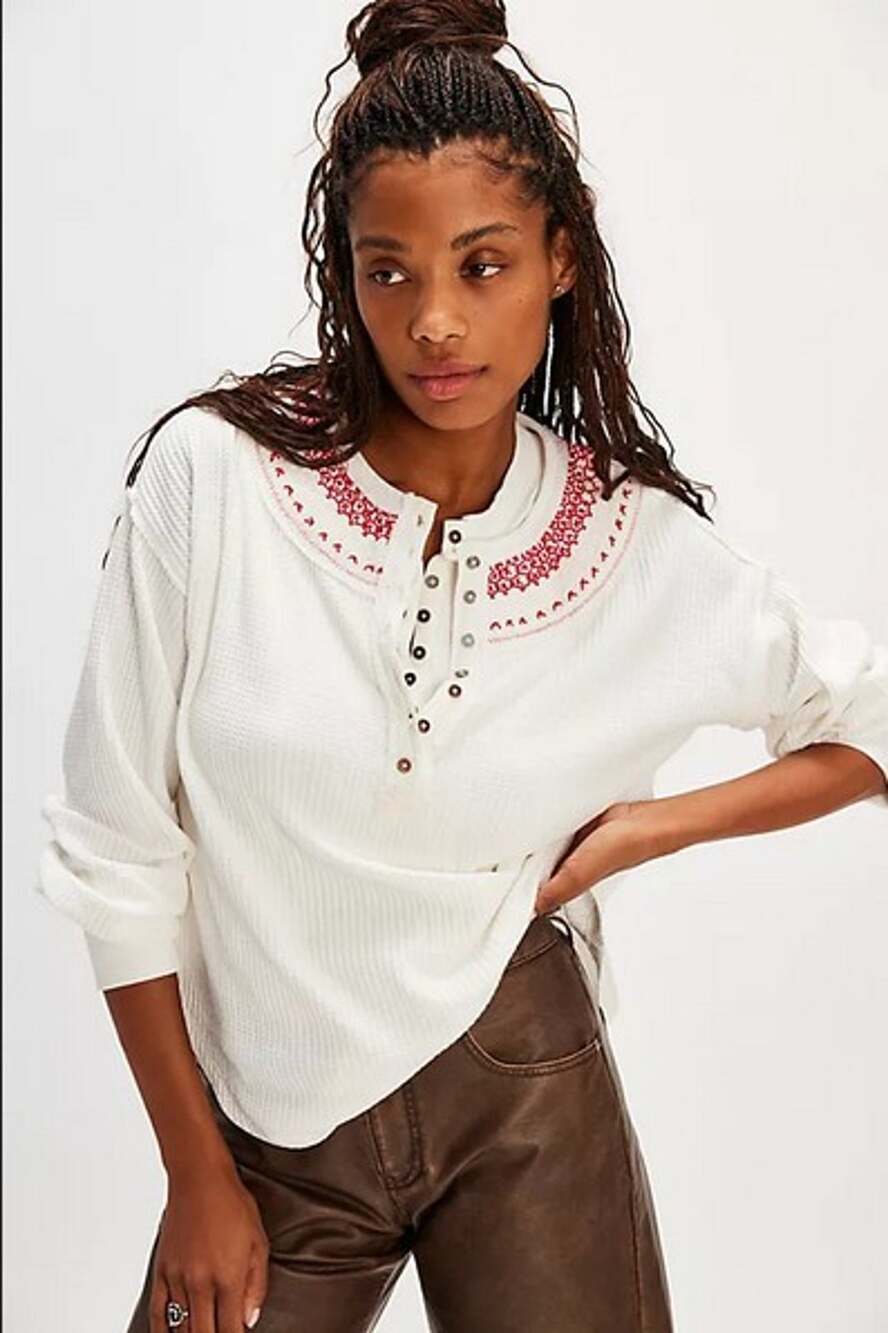 Free People We The Free Holly Henley Ivory Combo Embroidered Cotton NWT Top M
